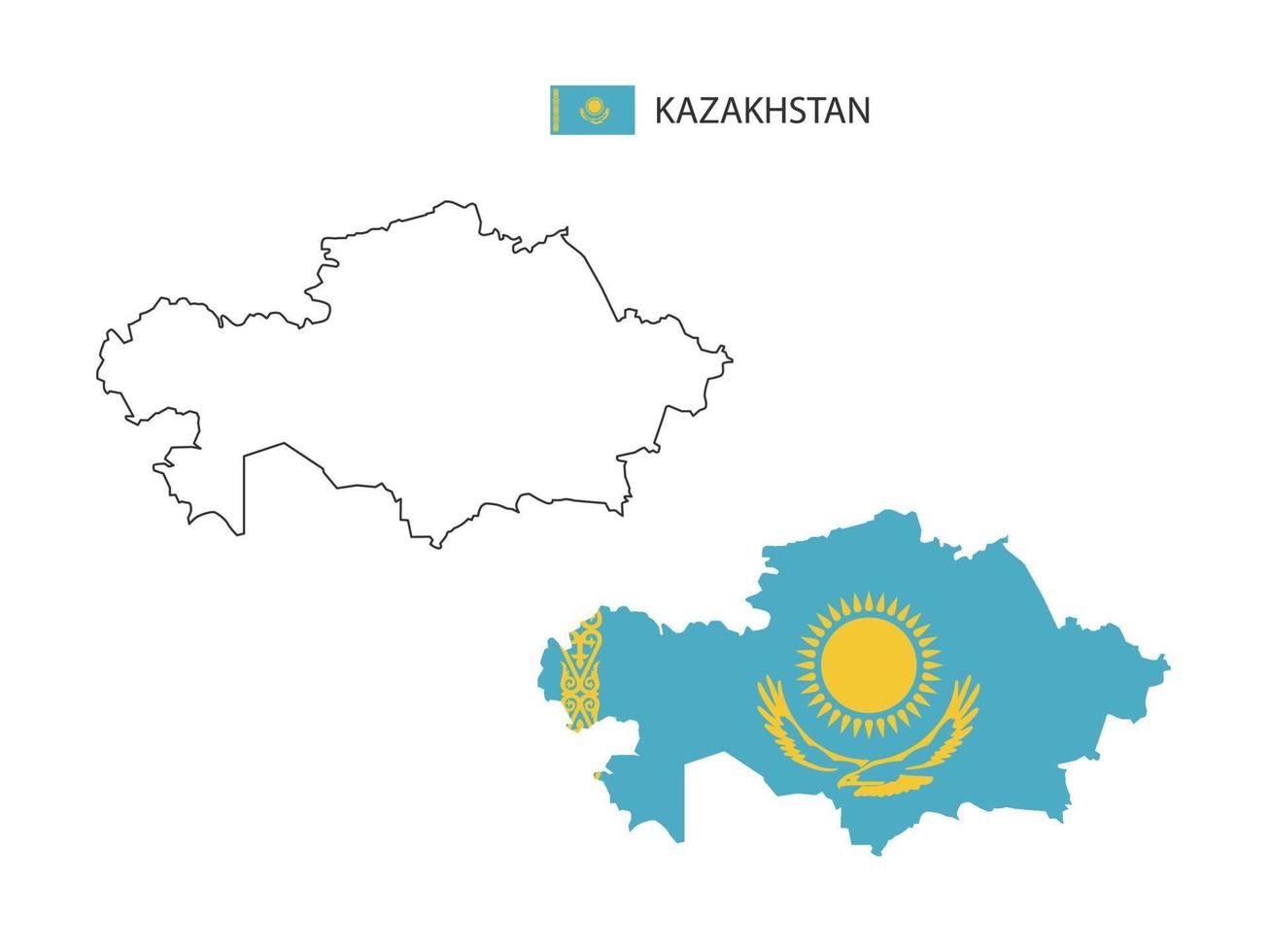 vector de ciudad de mapa de kazajstán dividido por estilo de simplicidad de contorno. tiene 2 versiones, versión de línea delgada negra y versión de color de bandera de país. ambos mapas estaban en el fondo blanco.