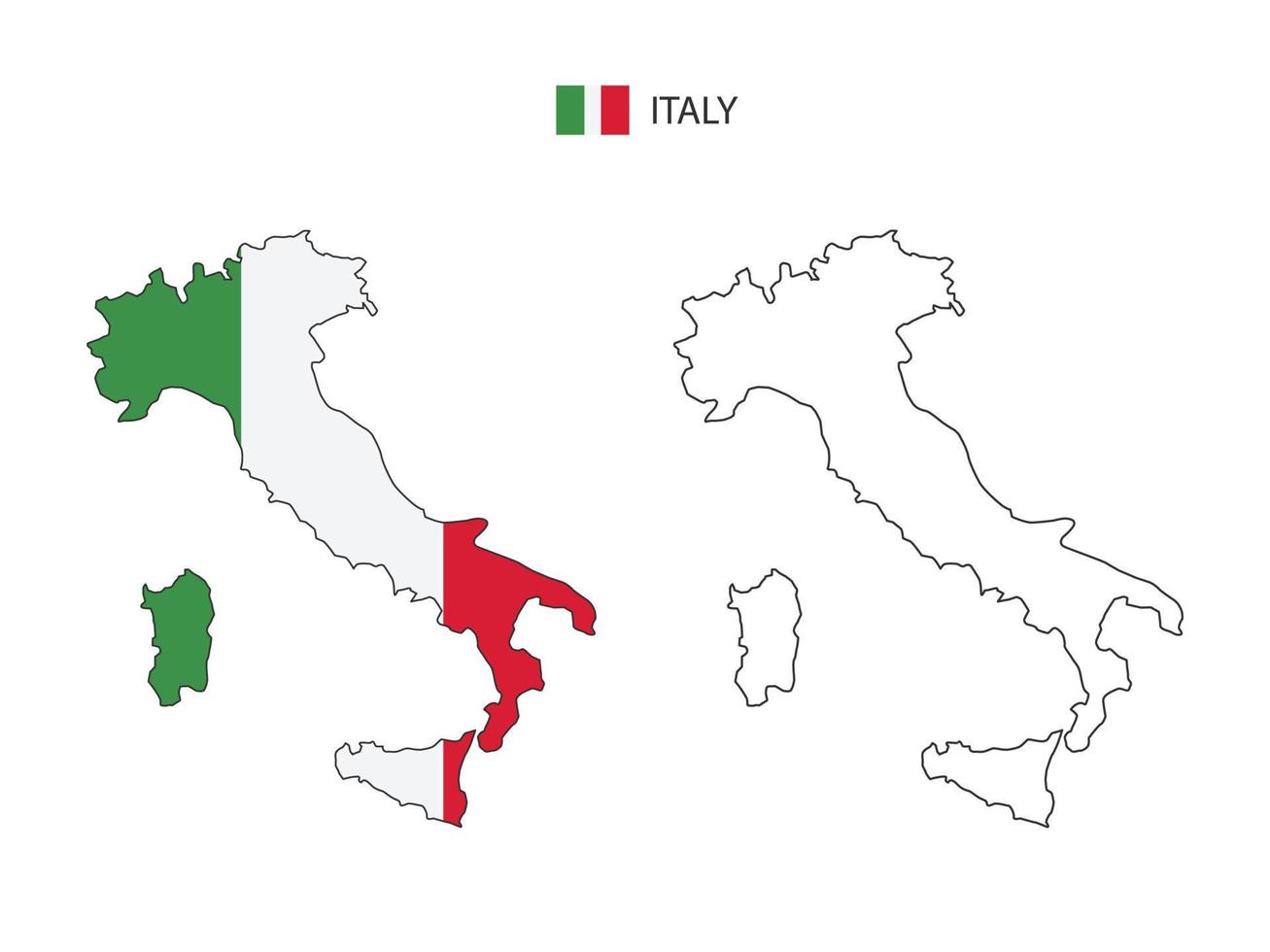 vector de ciudad de mapa de italia dividido por estilo de simplicidad de contorno. tiene 2 versiones, versión de línea delgada negra y versión de color de bandera de país. ambos mapas estaban en el fondo blanco.