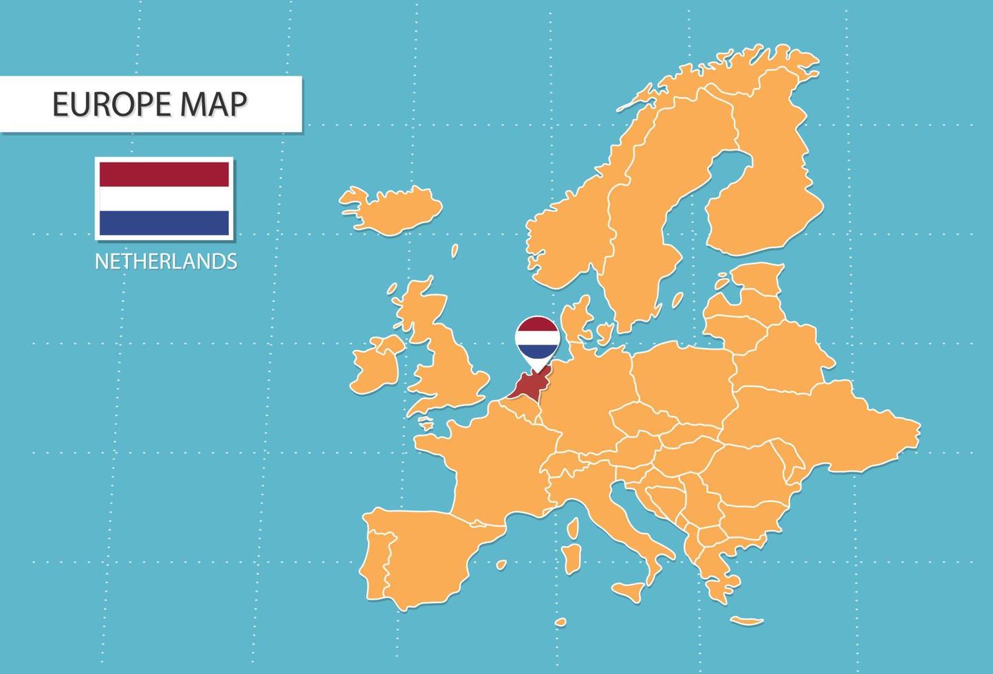 Netherlands map in Europe, icons showing Netherlands location and flags. vector