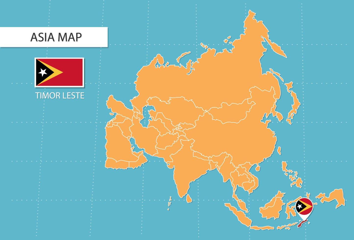 mapa de timor leste en asia, íconos que muestran la ubicación y las banderas de timor leste. vector