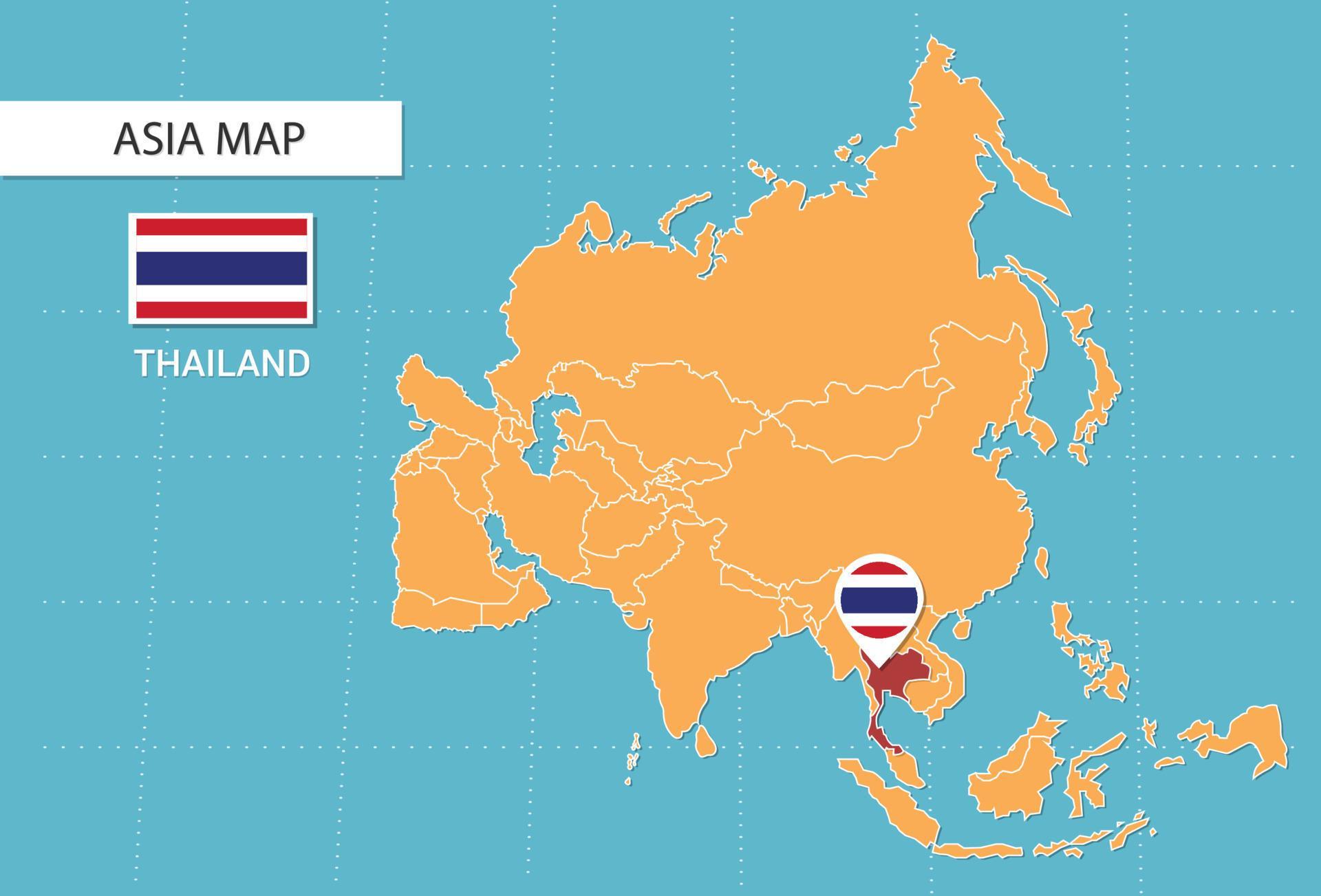 Thailand map in Asia, icons showing Thailand location and flags