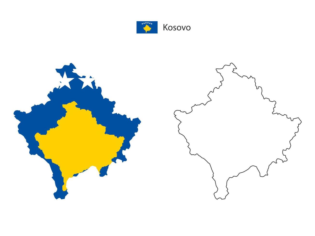 vector de ciudad de mapa de kosovo dividido por estilo de simplicidad de contorno. tiene 2 versiones, versión de línea delgada negra y versión de color de bandera de país. ambos mapas estaban en el fondo blanco.