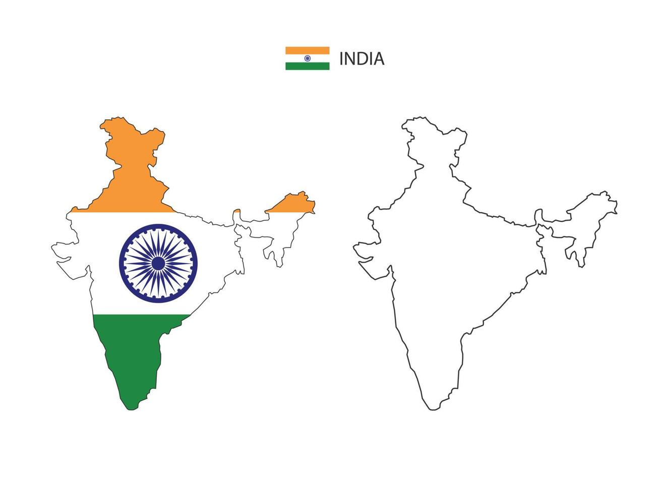 vector de ciudad de mapa de india dividido por estilo de simplicidad de contorno. tiene 2 versiones, versión de línea delgada negra y versión de color de bandera de país. ambos mapas estaban en el fondo blanco.