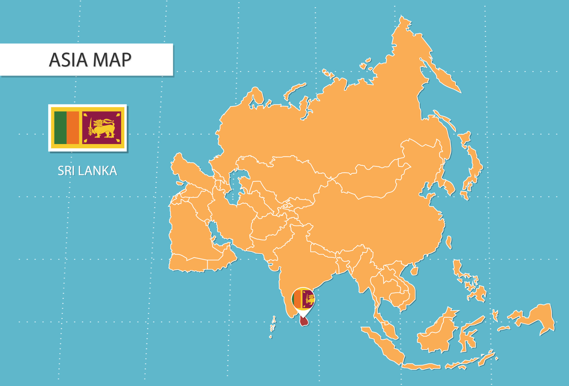 Sri Lanka map in Asia, icons showing Sri Lanka location and flags