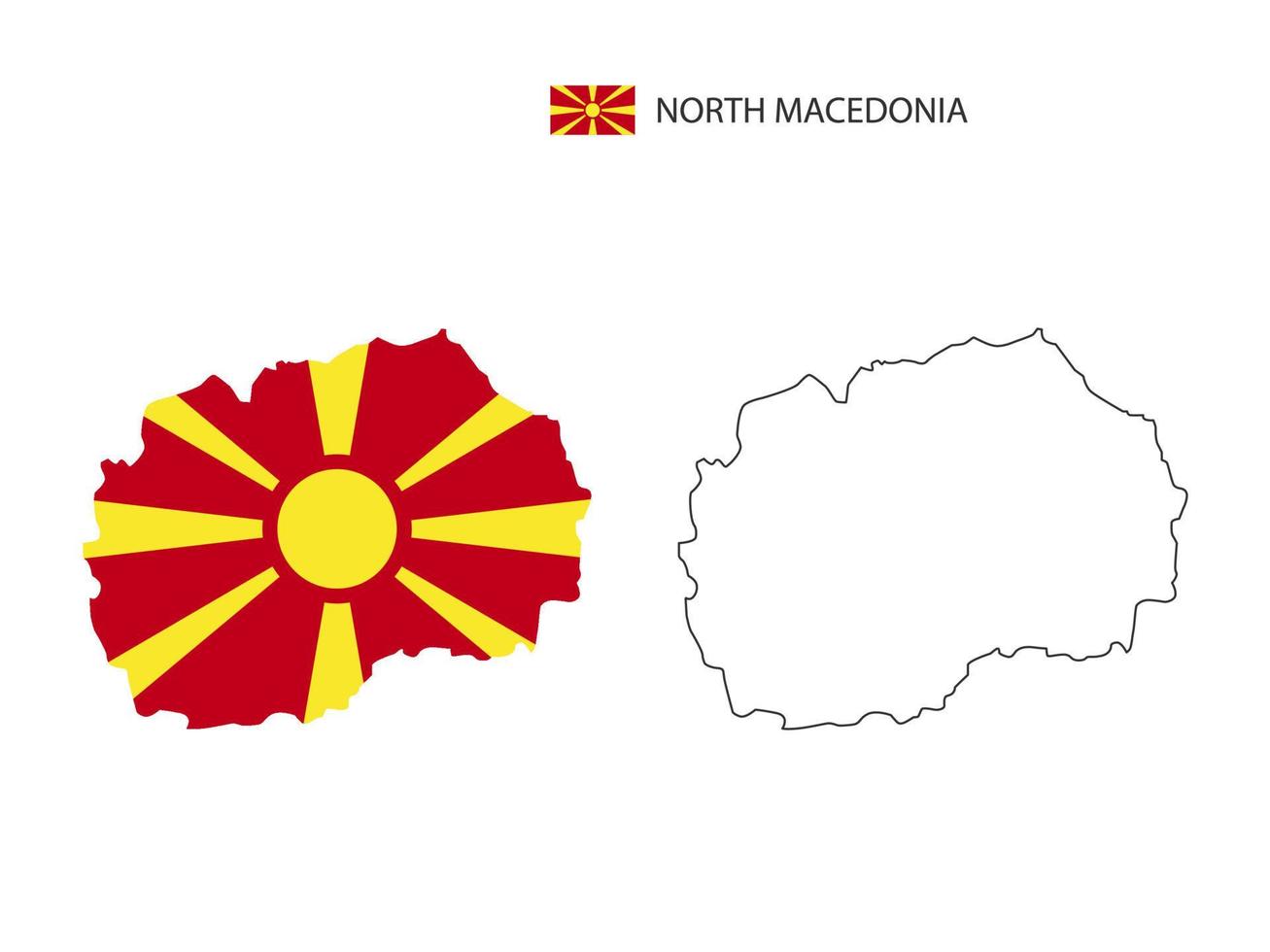 vector de ciudad de mapa de macedonia del norte dividido por estilo de simplicidad de contorno. tiene 2 versiones, versión de línea delgada negra y versión de color de bandera de país. ambos mapas estaban en el fondo blanco.