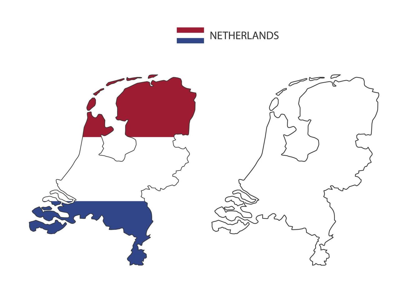 vector de ciudad de mapa de países bajos dividido por estilo de simplicidad de contorno. tiene 2 versiones, versión de línea delgada negra y versión de color de bandera de país. ambos mapas estaban en el fondo blanco.