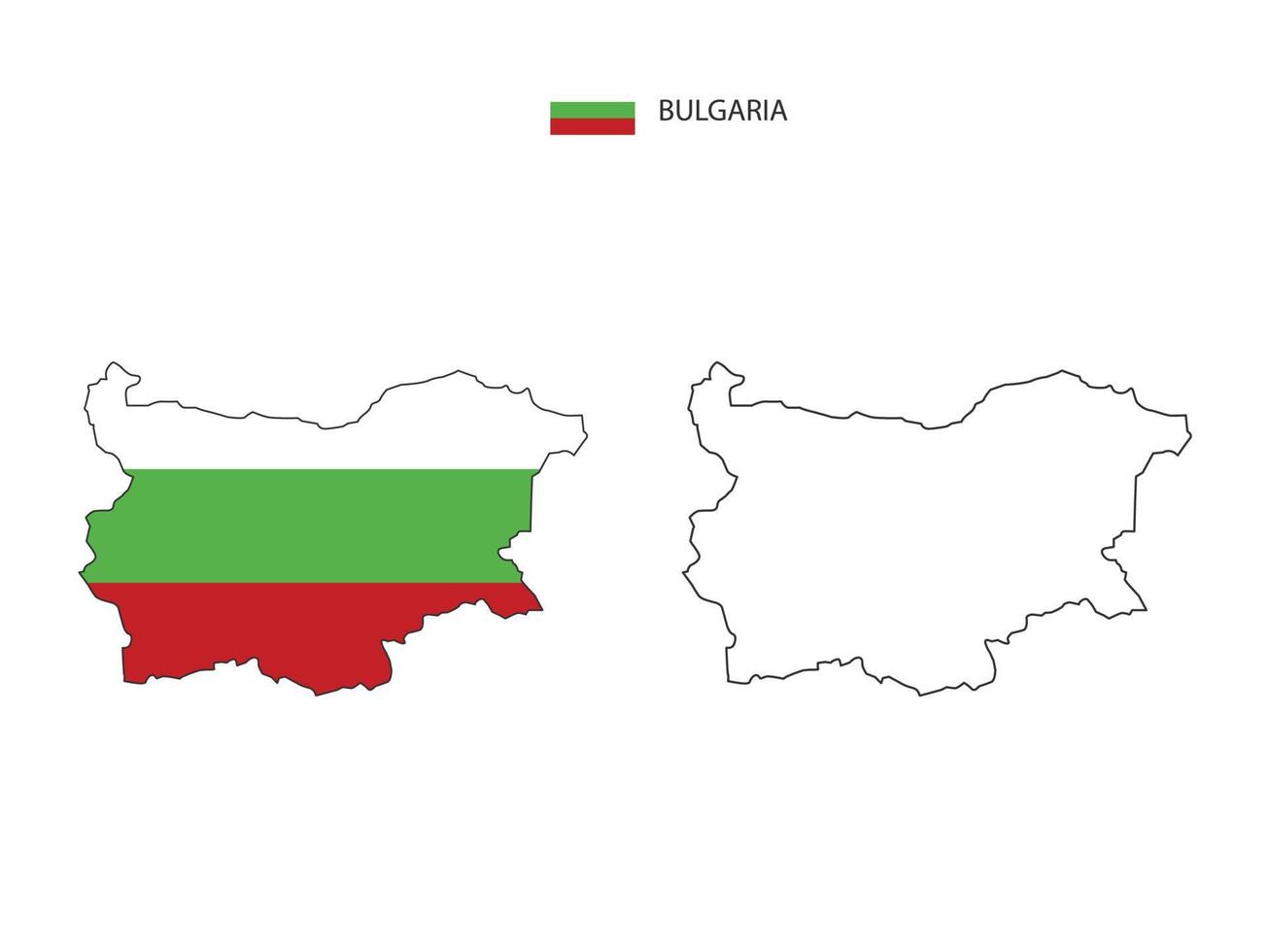 vector de ciudad de mapa de bulgaria dividido por estilo de simplicidad de contorno. tiene 2 versiones, versión de línea delgada negra y versión de color de bandera de país. ambos mapas estaban en el fondo blanco.