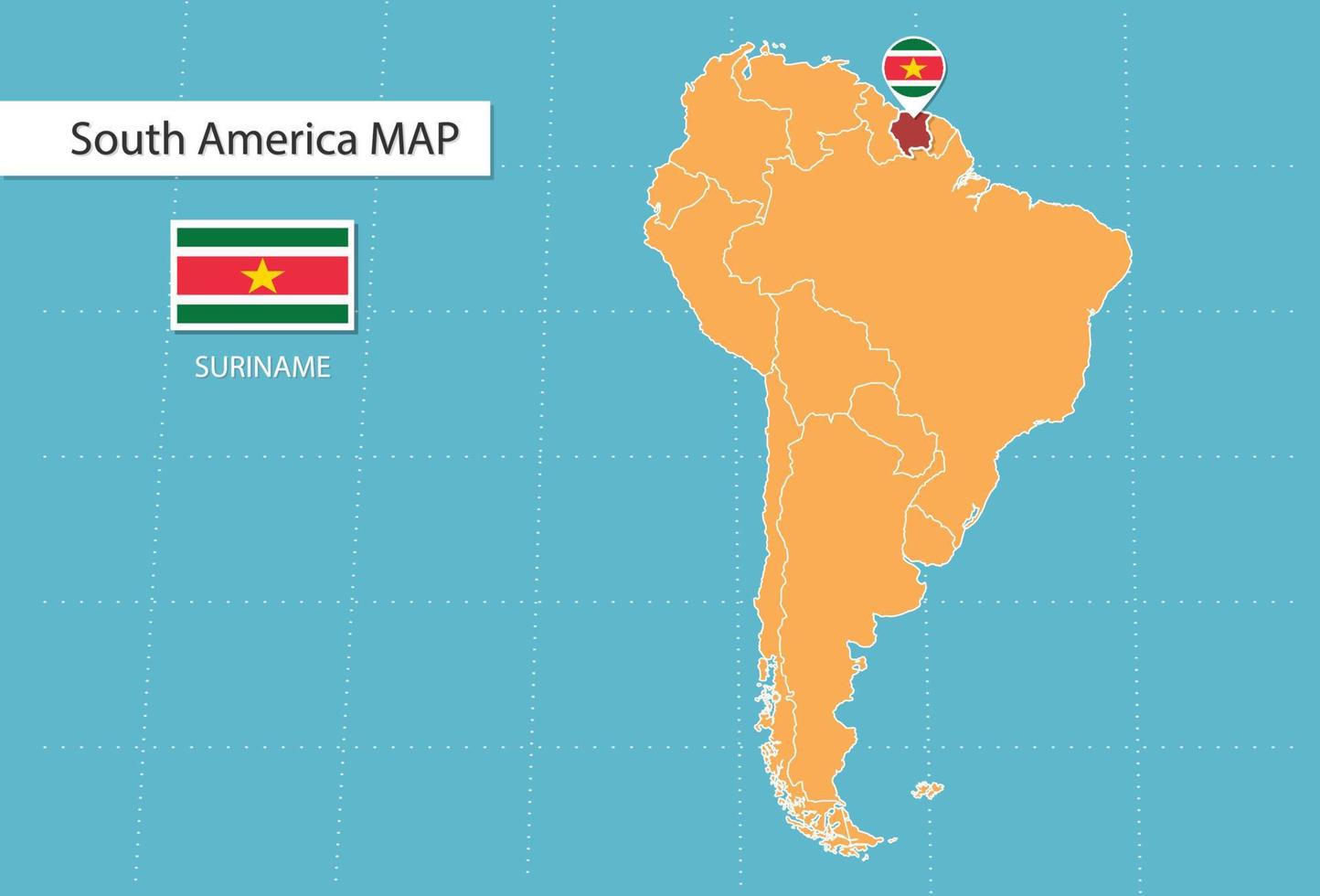 Suriname map in America, icons showing Suriname location and flags. vector