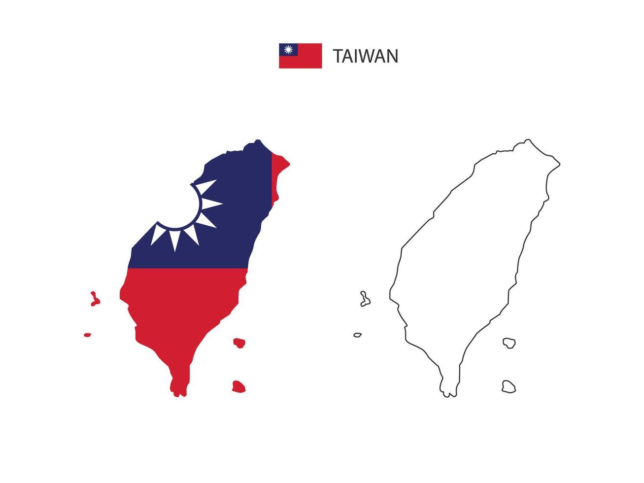 vector de ciudad de mapa de taiwán dividido por estilo de simplicidad de contorno. tiene 2 versiones, versión de línea delgada negra y versión de color de bandera de país. ambos mapas estaban en el fondo blanco.