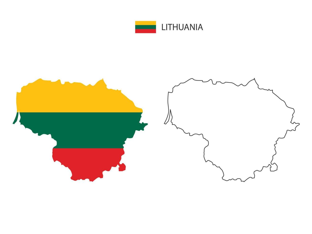 Lithuania map city vector divided by outline simplicity style. Have 2 versions, black thin line version and color of country flag version. Both map were on the white background.