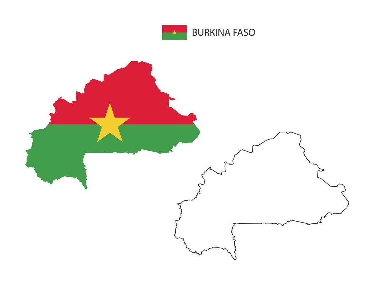 Burkina Faso map city vector divided by outline simplicity style. Have 2 versions, black thin line version and color of country flag version. Both map were on the white background.