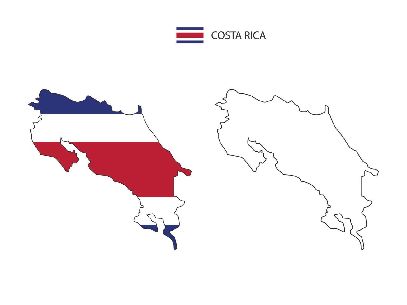 vector de ciudad de mapa de costa rica dividido por estilo de simplicidad de contorno. tiene 2 versiones, versión de línea delgada negra y versión de color de bandera de país. ambos mapas estaban en el fondo blanco.