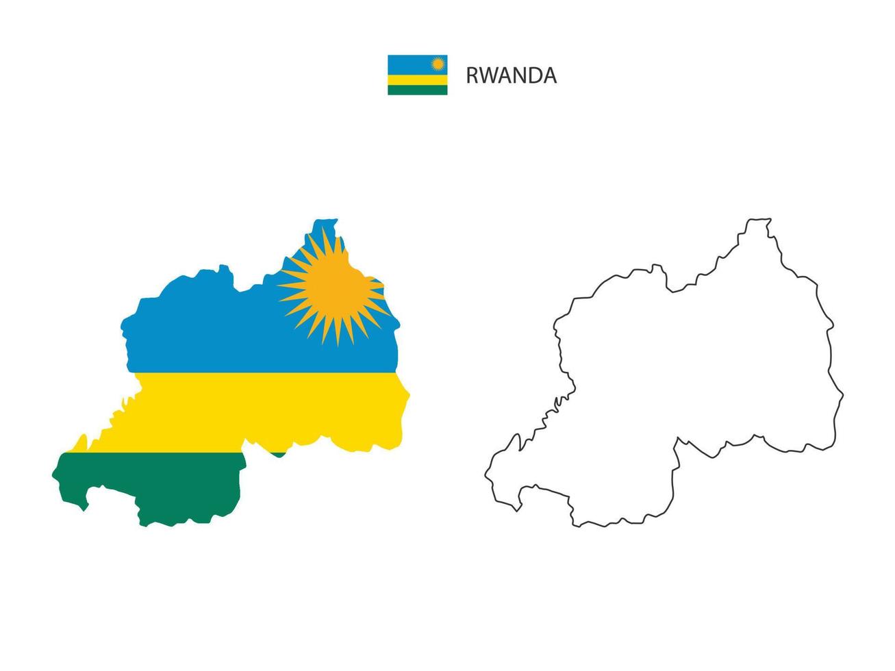 vector de ciudad de mapa de ruanda dividido por estilo de simplicidad de contorno. tiene 2 versiones, versión de línea delgada negra y versión de color de bandera de país. ambos mapas estaban en el fondo blanco.