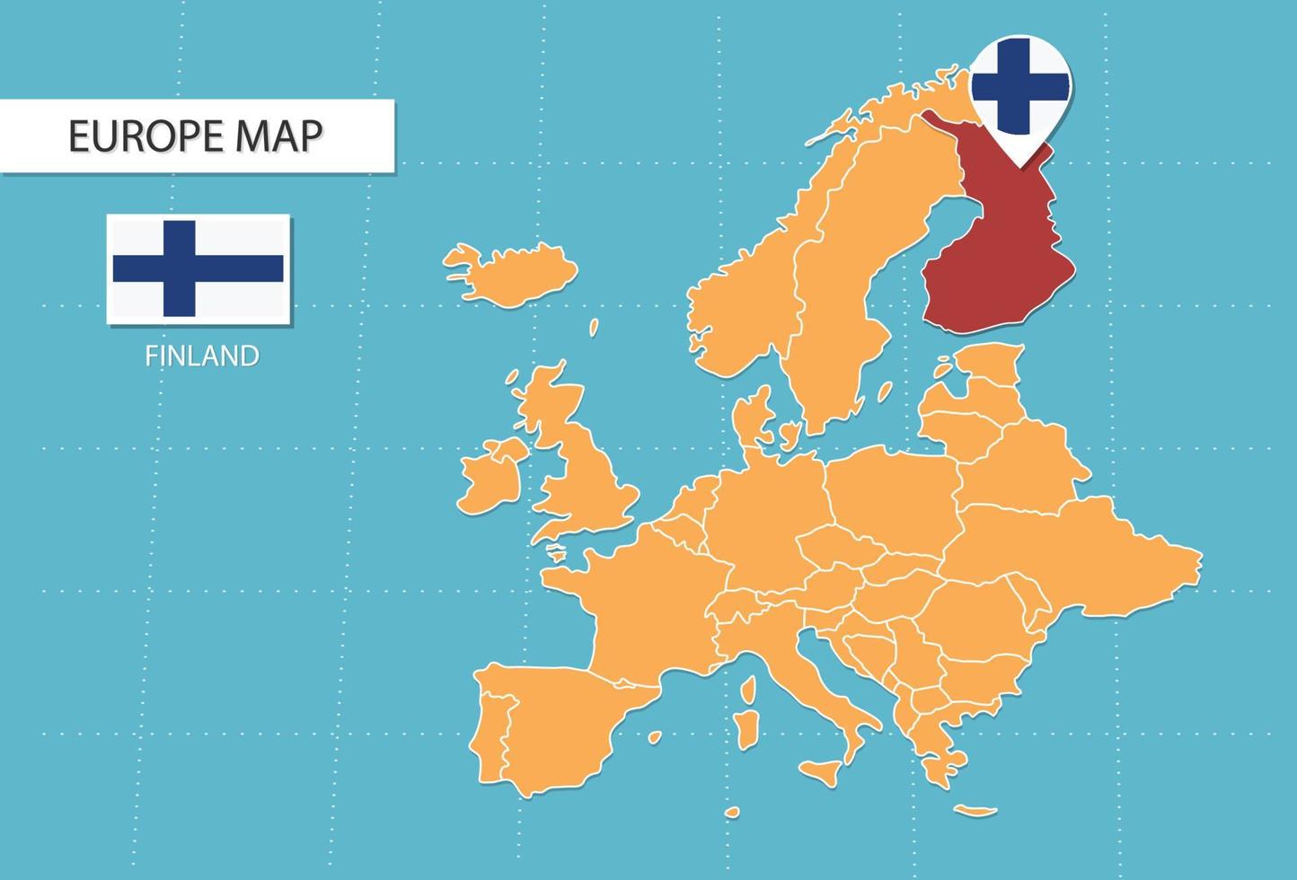 Mapa de Finlandia en Europa, íconos que muestran la ubicación de Finlandia y banderas. vector