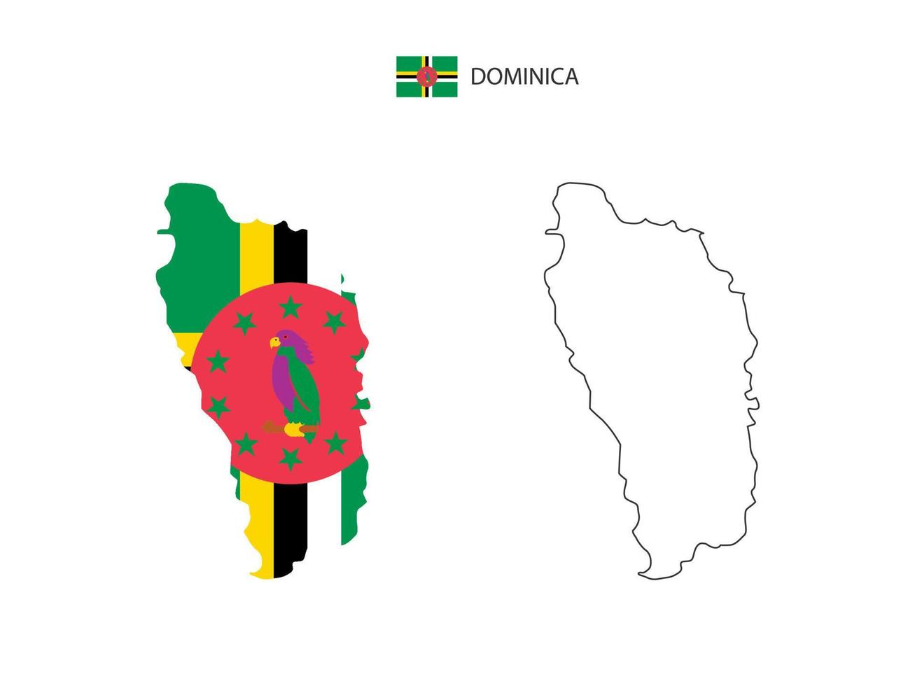vector de ciudad de mapa de dominica dividido por estilo de simplicidad de contorno. tiene 2 versiones, versión de línea delgada negra y versión de color de bandera de país. ambos mapas estaban en el fondo blanco.