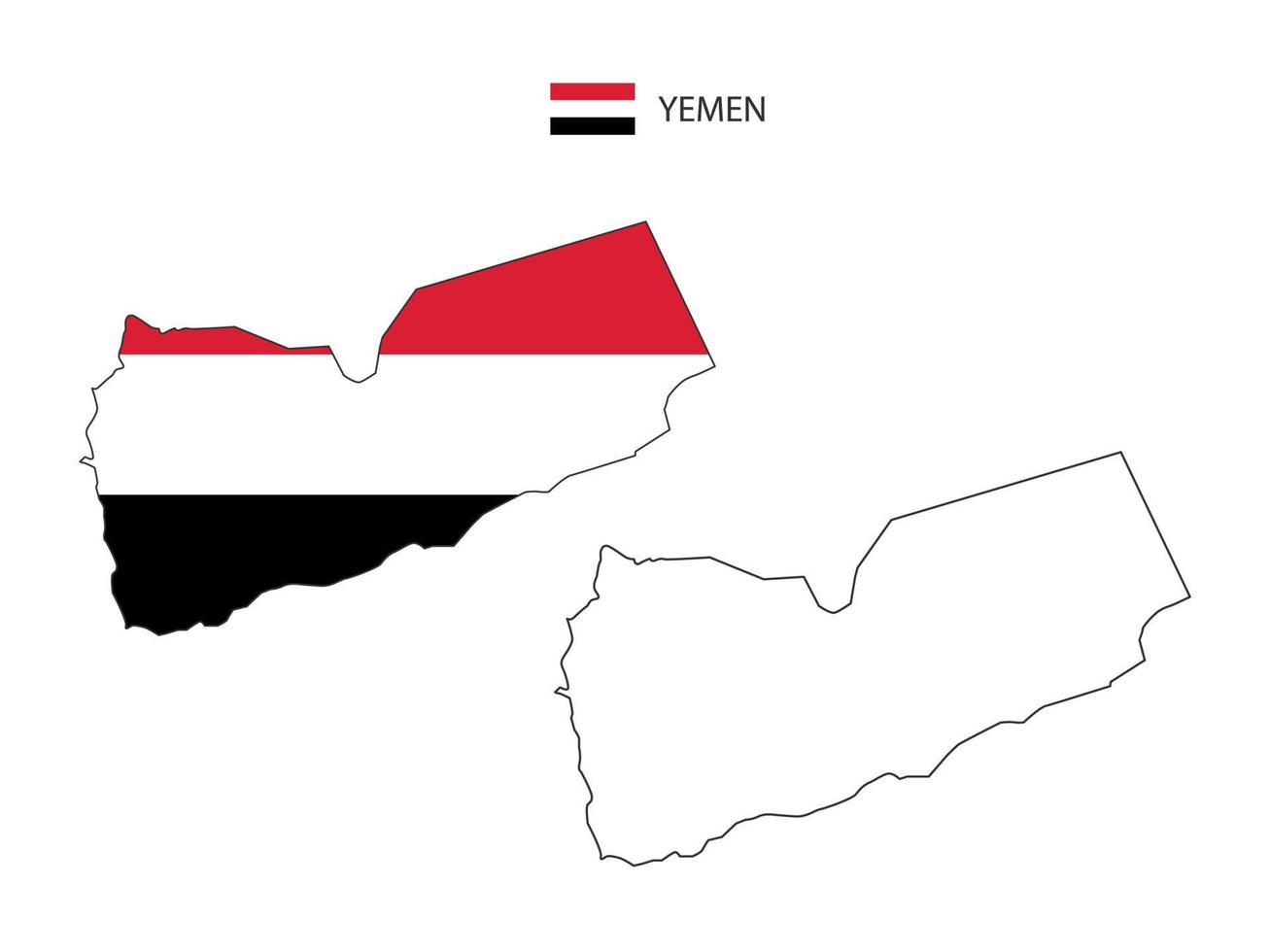 vector de ciudad de mapa de yemen dividido por estilo de simplicidad de contorno. tiene 2 versiones, versión de línea delgada negra y versión de color de bandera de país. ambos mapas estaban en el fondo blanco.