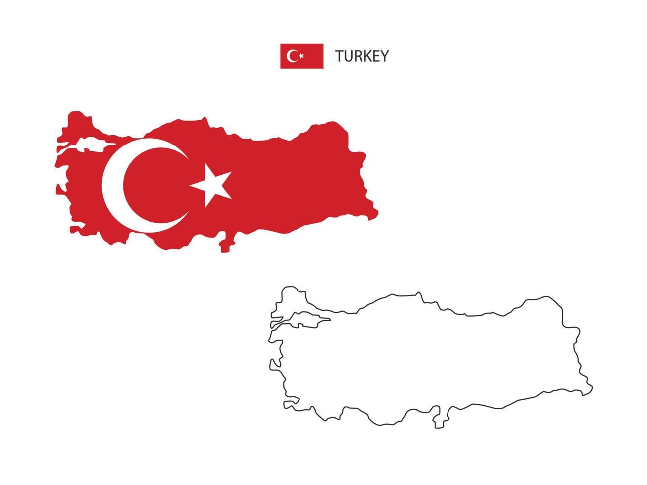 Turkey map city vector divided by outline simplicity style. Have 2 versions, black thin line version and color of country flag version. Both map were on the white background.