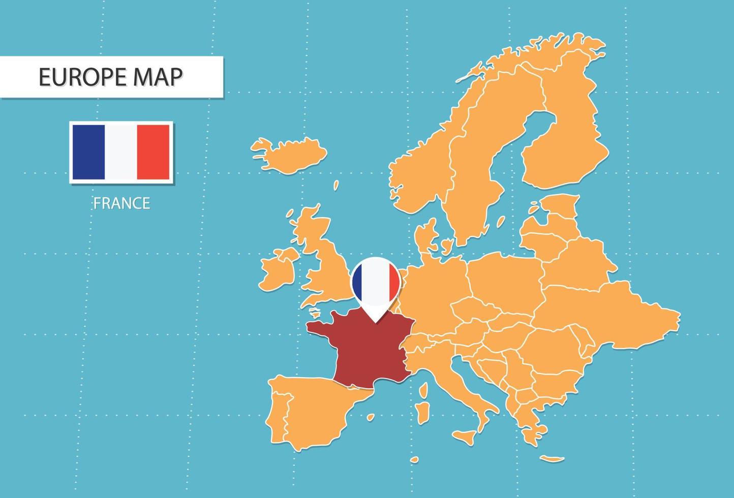 mapa de francia en europa, íconos que muestran la ubicación de francia y banderas. vector