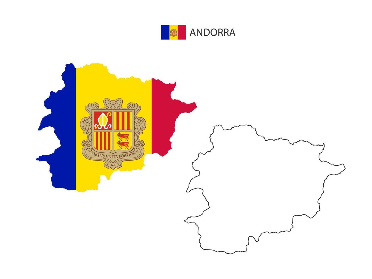 vector de ciudad de mapa de andorra dividido por estilo de simplicidad de contorno. tiene 2 versiones, versión de línea delgada negra y versión de color de bandera de país. ambos mapas estaban en el fondo blanco.