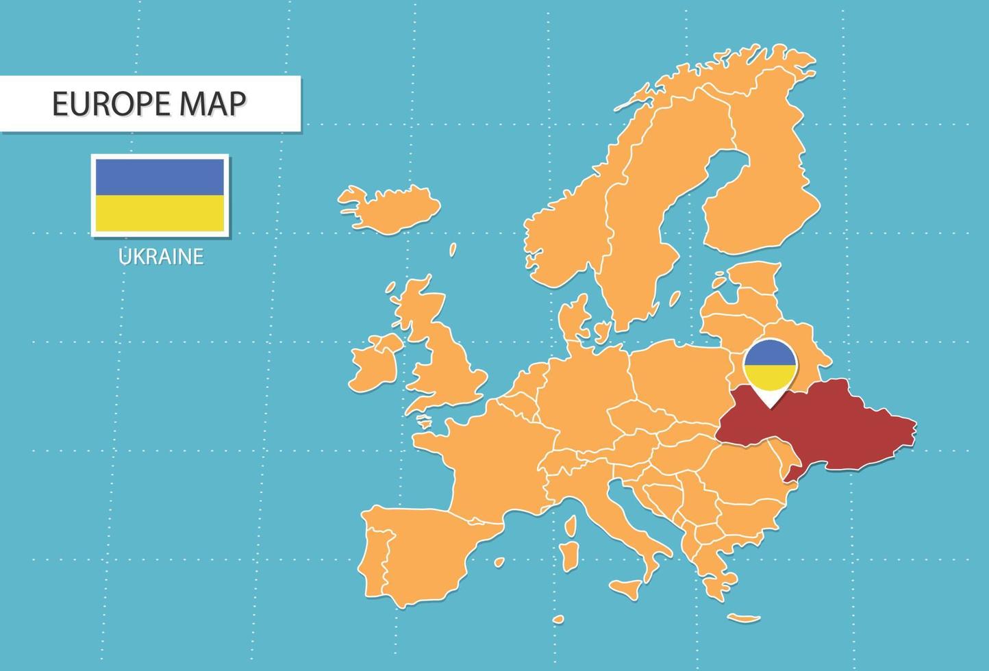 mapa de ucrania en europa, íconos que muestran la ubicación y banderas de ucrania. vector