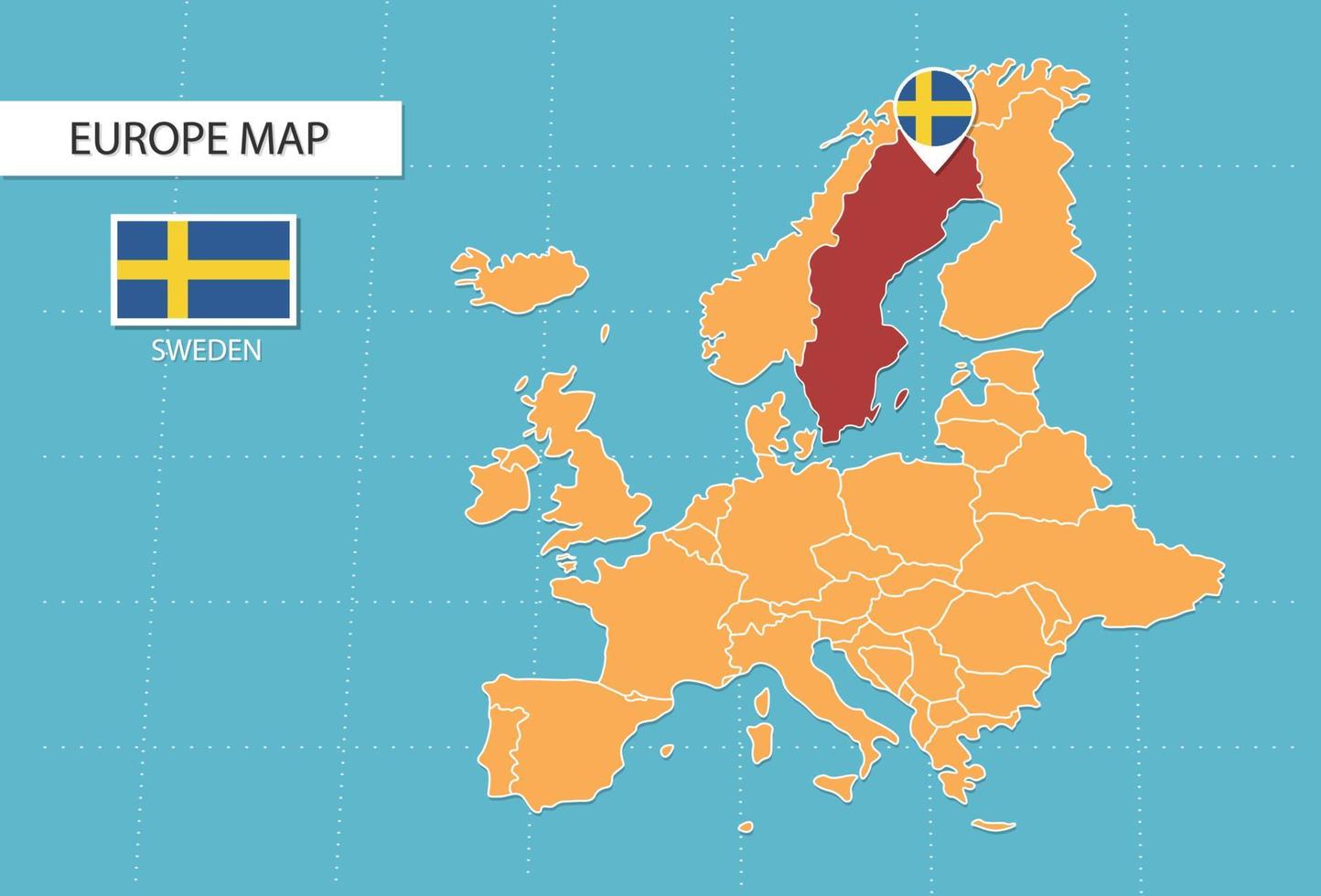 mapa de suecia en europa, íconos que muestran la ubicación y las banderas de suecia. vector