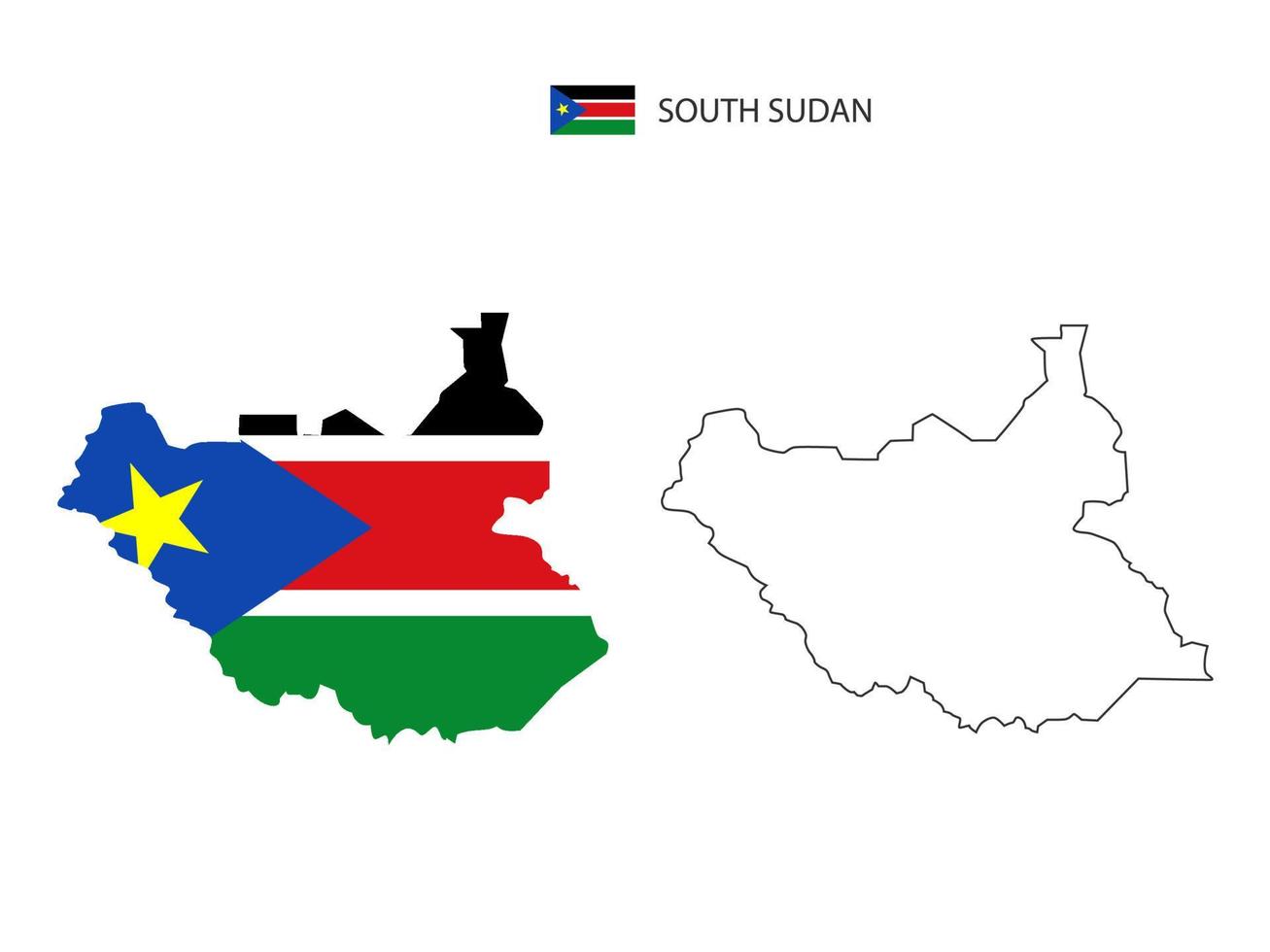 vector de ciudad de mapa de sudán del sur dividido por estilo de simplicidad de contorno. tiene 2 versiones, versión de línea delgada negra y versión de color de bandera de país. ambos mapas estaban en el fondo blanco.