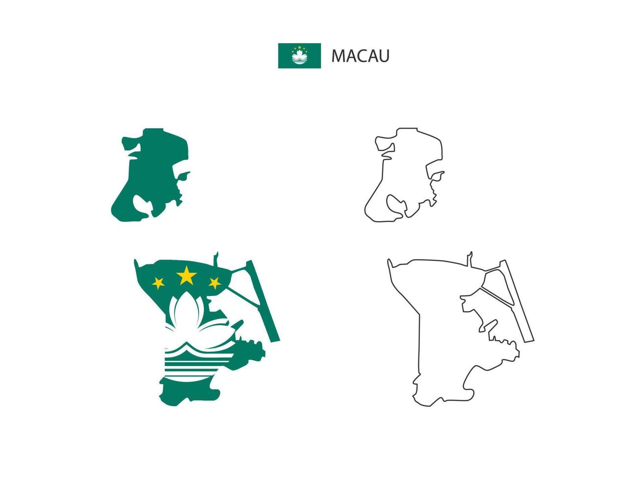 Macau map city vector divided by outline simplicity style. Have 2 versions, black thin line version and color of country flag version. Both map were on the white background.
