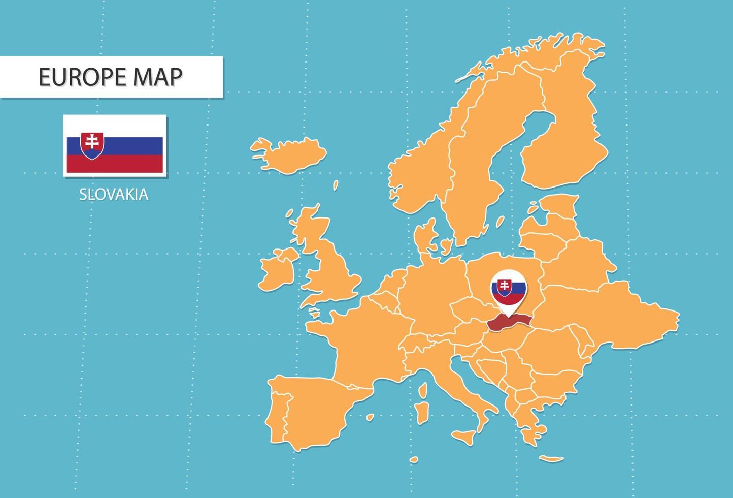 Slovakia map in Europe, icons showing Slovakia location and flags. vector