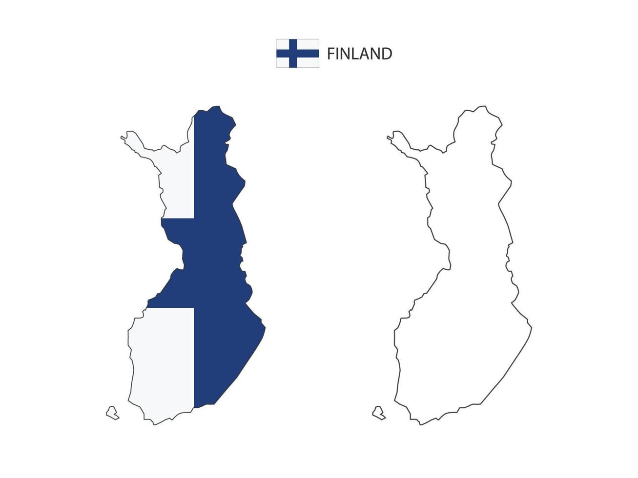 vector de ciudad de mapa de finlandia dividido por estilo de simplicidad de contorno. tiene 2 versiones, versión de línea delgada negra y versión de color de bandera de país. ambos mapas estaban en el fondo blanco.