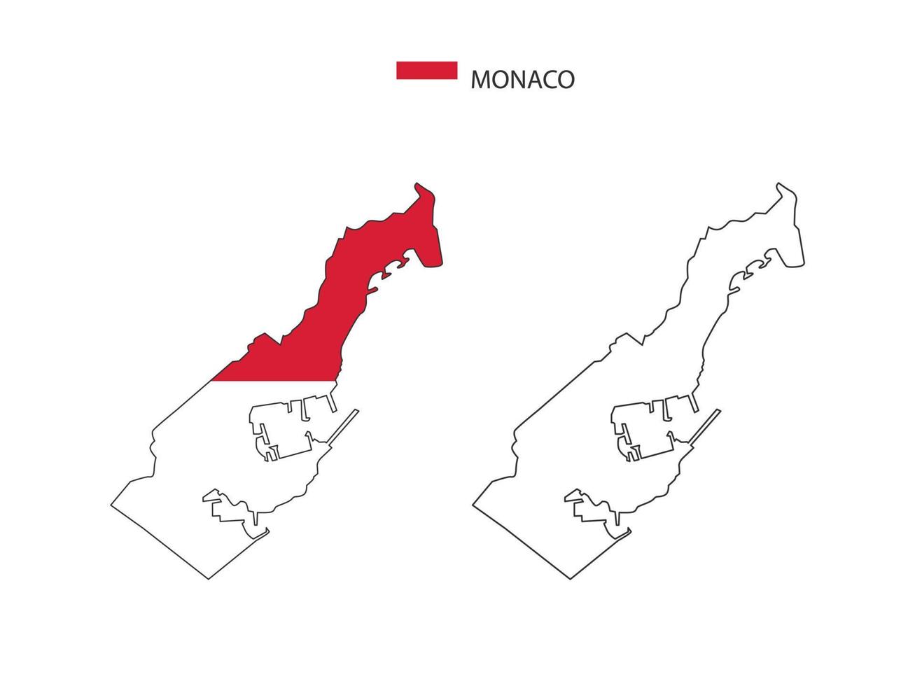 vector de ciudad de mapa de mónaco dividido por estilo de simplicidad de contorno. tiene 2 versiones, versión de línea delgada negra y versión de color de bandera de país. ambos mapas estaban en el fondo blanco.