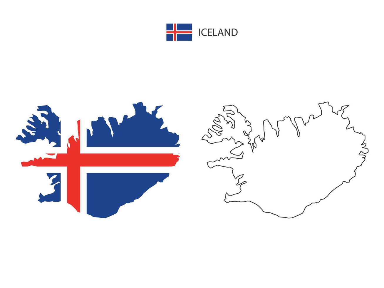 vector de ciudad de mapa de islandia dividido por estilo de simplicidad de contorno. tiene 2 versiones, versión de línea delgada negra y versión de color de bandera de país. ambos mapas estaban en el fondo blanco.