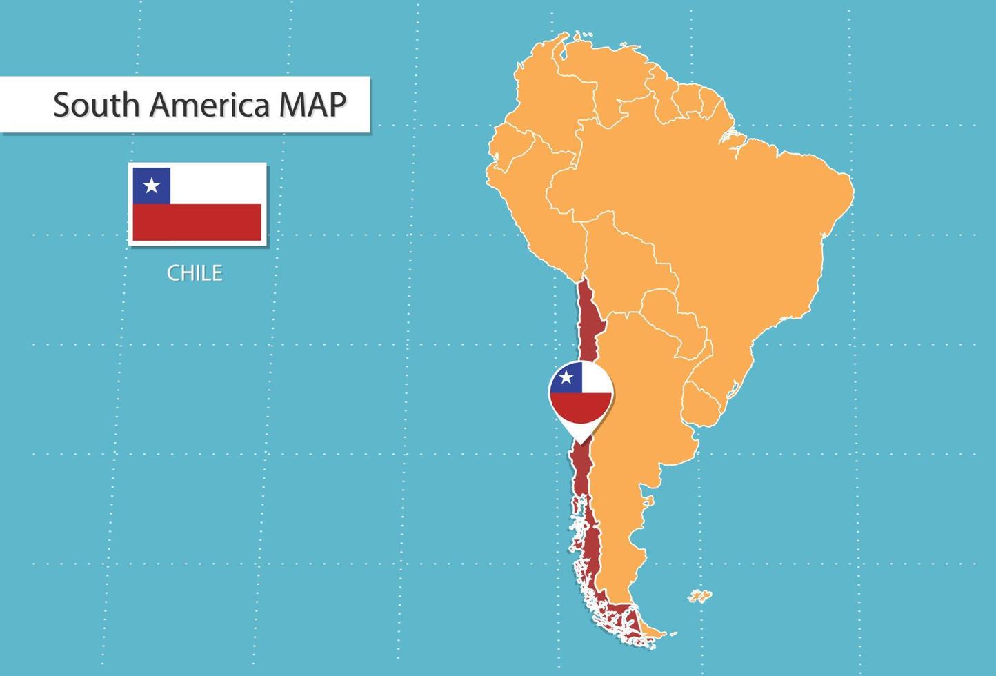 mapa de chile en américa, íconos que muestran la ubicación de chile y banderas. vector