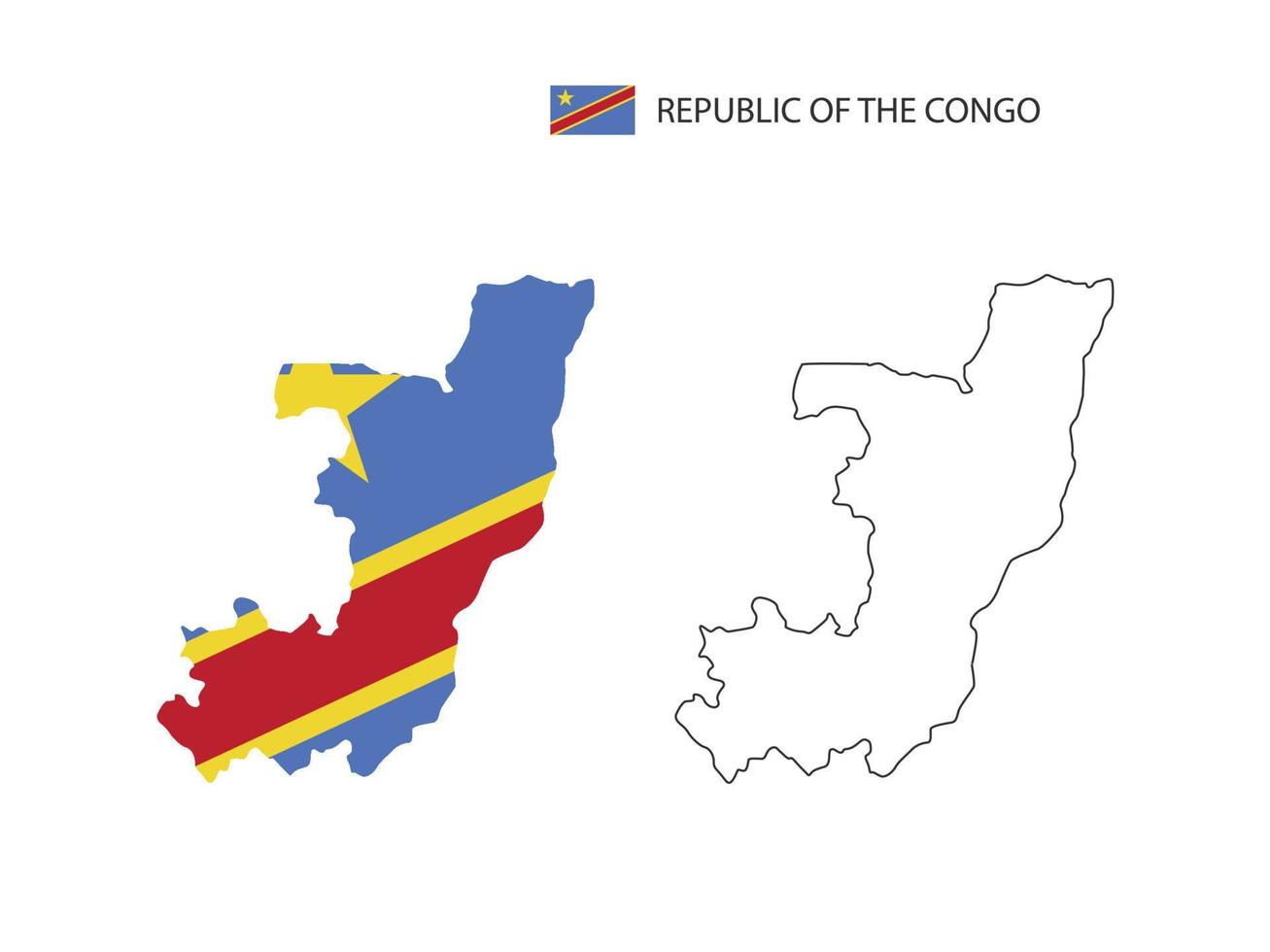 vector de ciudad de mapa de república del congo dividido por estilo de simplicidad de contorno. tiene 2 versiones, versión de línea delgada negra y versión de color de bandera de país. ambos mapas estaban en el fondo blanco.