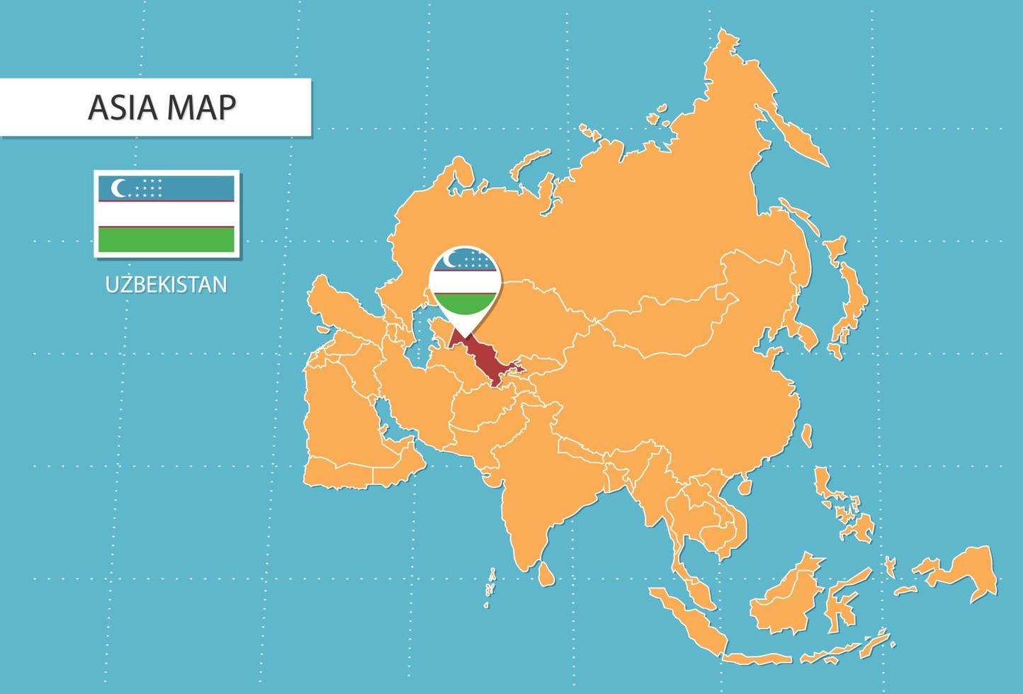 Uzbekistan map in Asia, icons showing Uzbekistan location and flags. vector