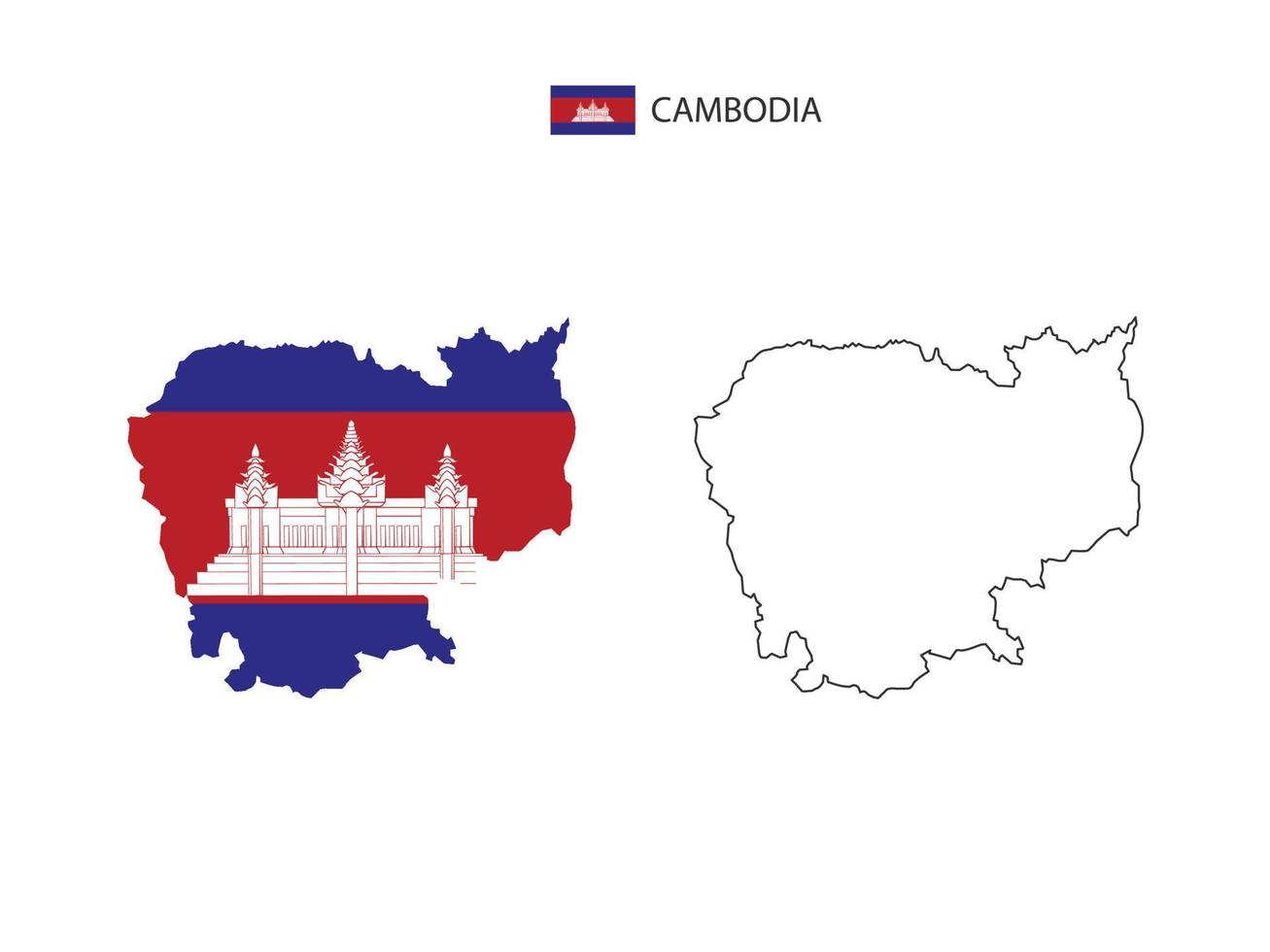 Cambodia map city vector divided by outline simplicity style. Have 2 versions, black thin line version and color of country flag version. Both map were on the white background.