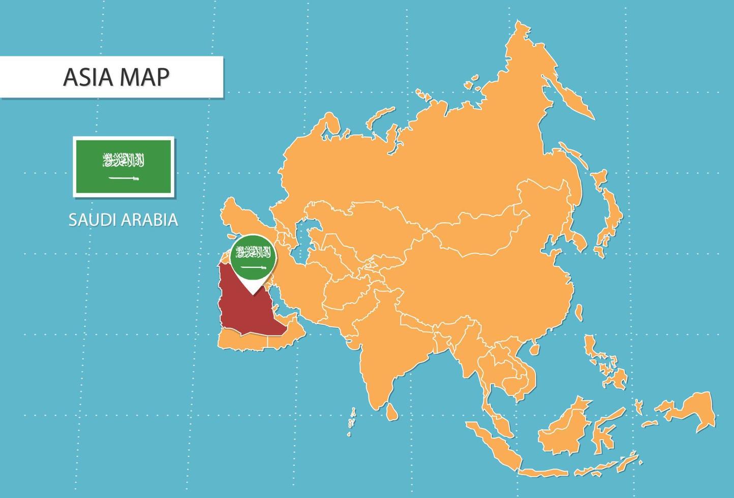 Saudi Arabia map in Asia, icons showing Saudi Arabia location and flags. vector