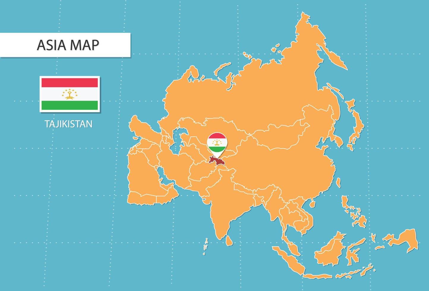 Tajikistan map in Asia, icons showing Tajikistan location and flags. vector