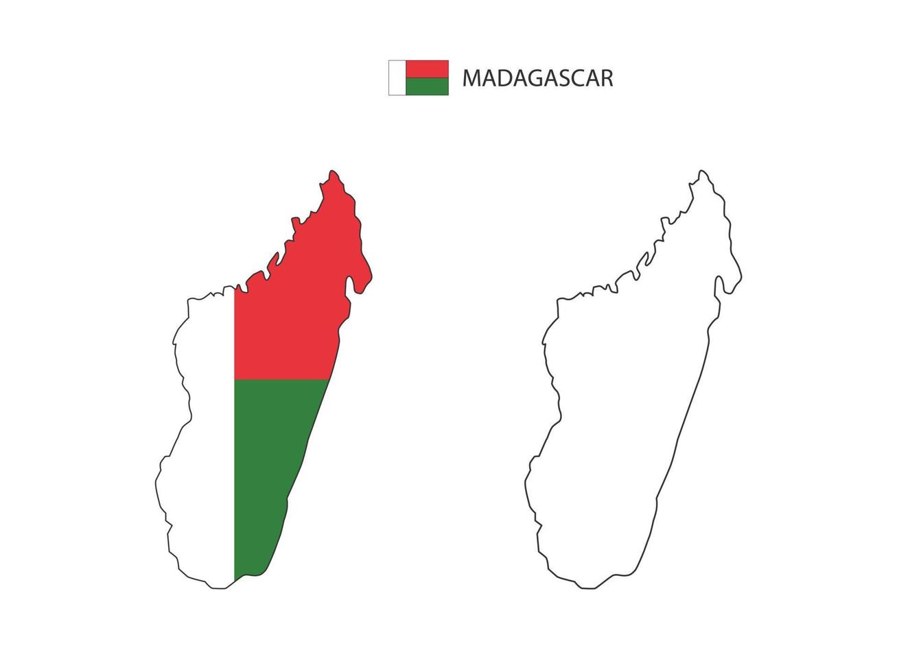 vector de ciudad de mapa de madagascar dividido por estilo de simplicidad de contorno. tiene 2 versiones, versión de línea delgada negra y versión de color de bandera de país. ambos mapas estaban en el fondo blanco.