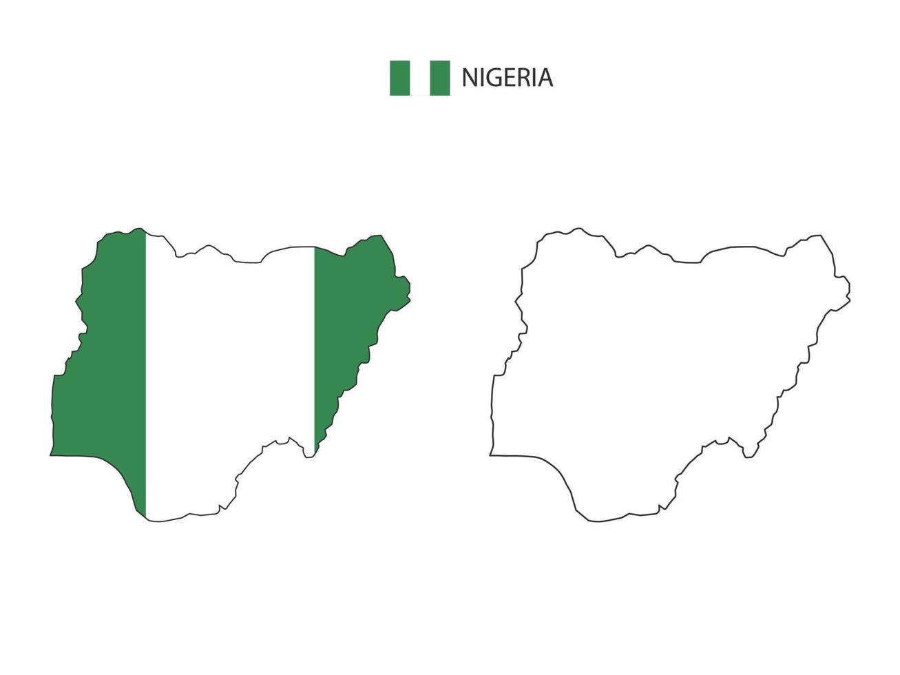 vector de ciudad de mapa de nigeria dividido por estilo de simplicidad de contorno. tiene 2 versiones, versión de línea delgada negra y versión de color de bandera de país. ambos mapas estaban en el fondo blanco.