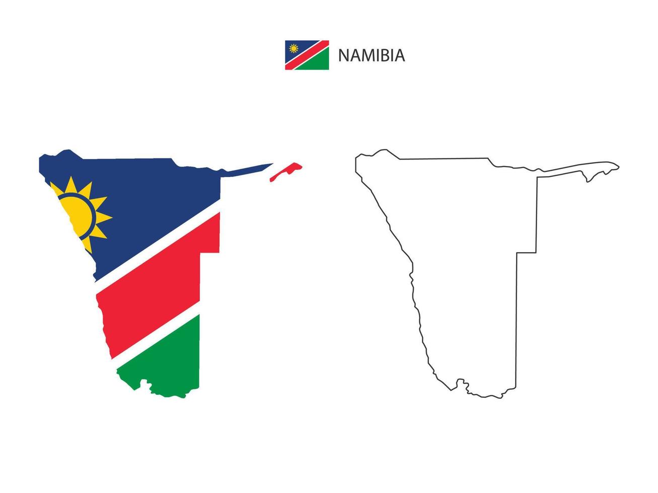 vector de ciudad de mapa de namibia dividido por estilo de simplicidad de contorno. tiene 2 versiones, versión de línea delgada negra y versión de color de bandera de país. ambos mapas estaban en el fondo blanco.