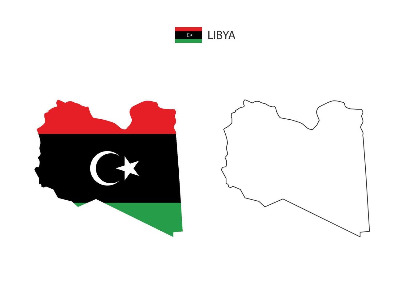 Libya map city vector divided by outline simplicity style. Have 2 versions, black thin line version and color of country flag version. Both map were on the white background.