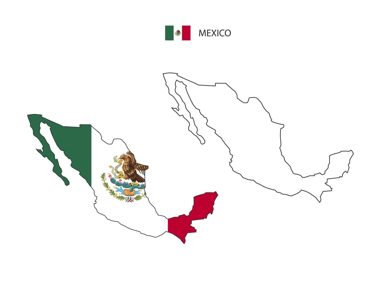 vector de ciudad de mapa de méxico dividido por estilo de simplicidad de contorno. tiene 2 versiones, versión de línea delgada negra y versión de color de bandera de país. ambos mapas estaban en el fondo blanco.