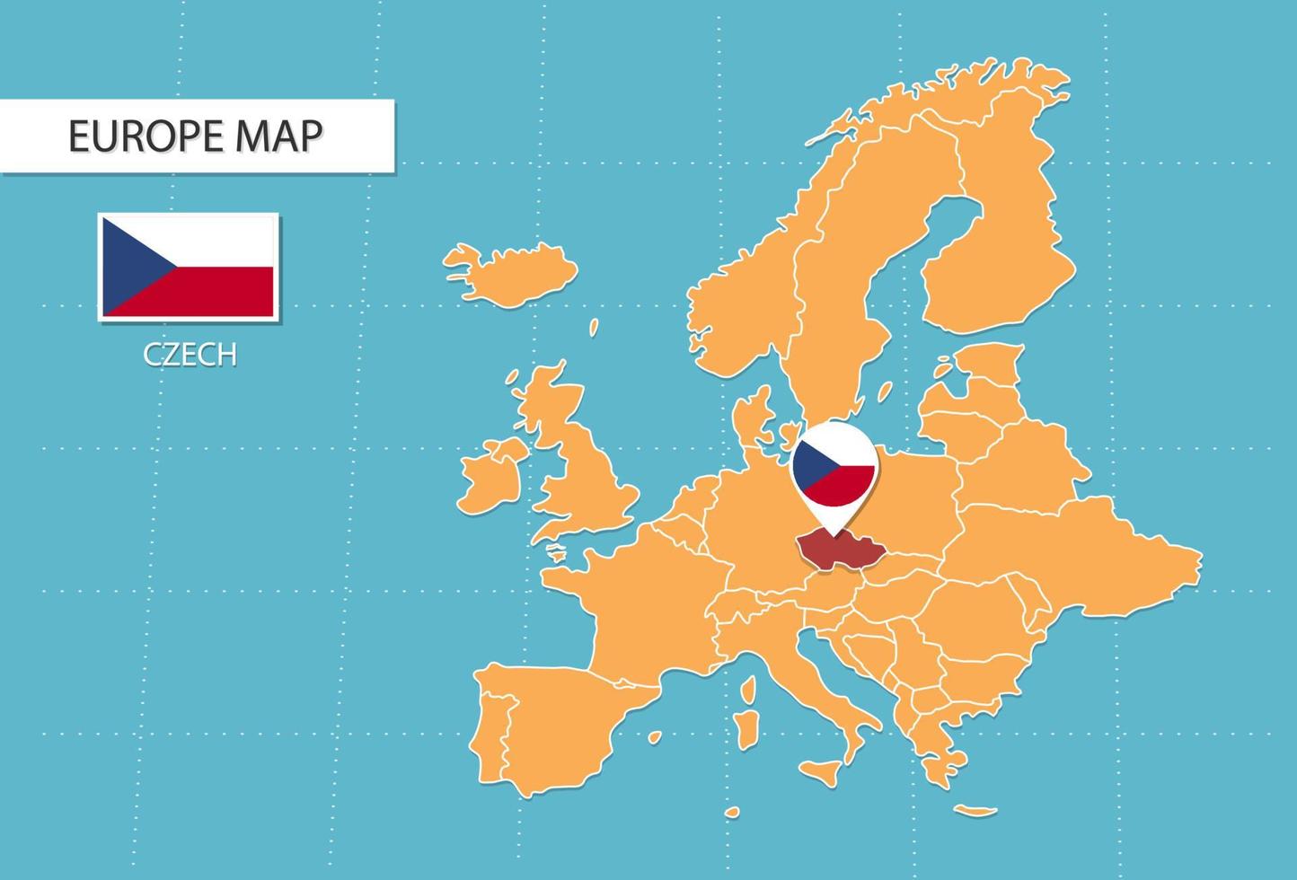 Czech map in Europe, icons showing Czech location and flags. vector