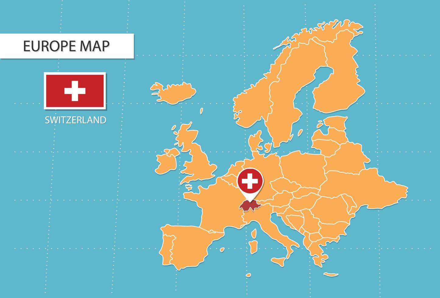 mapa de suiza en europa, íconos que muestran la ubicación de suiza y banderas. vector