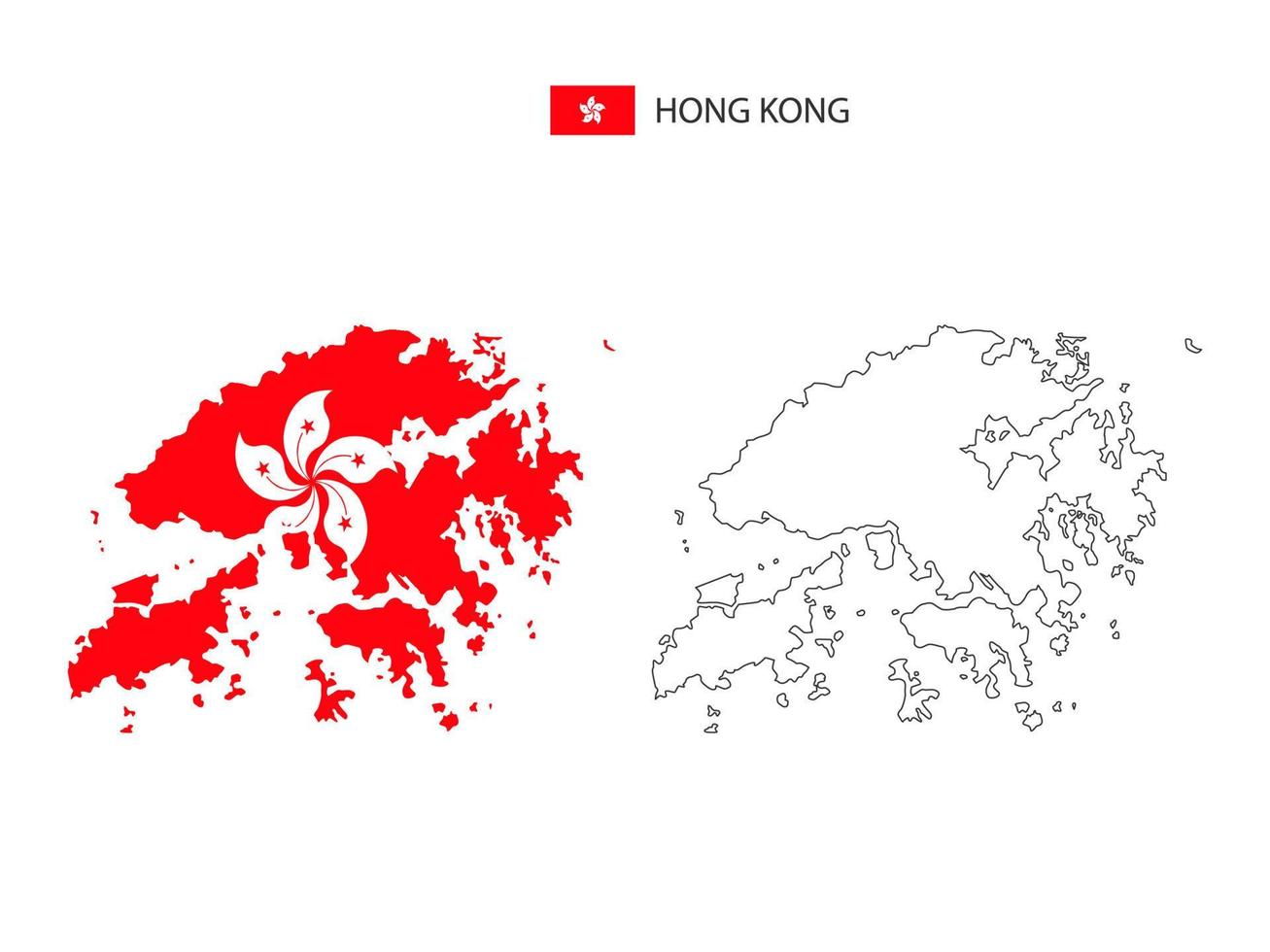 Hong Kong map city vector divided by outline simplicity style. Have 2 versions, black thin line version and color of country flag version. Both map were on the white background.