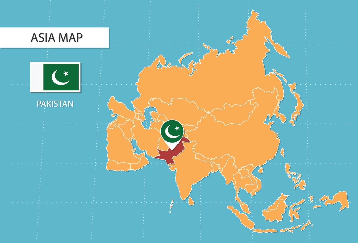 Pakistan map in Asia, icons showing Pakistan location and flags. vector