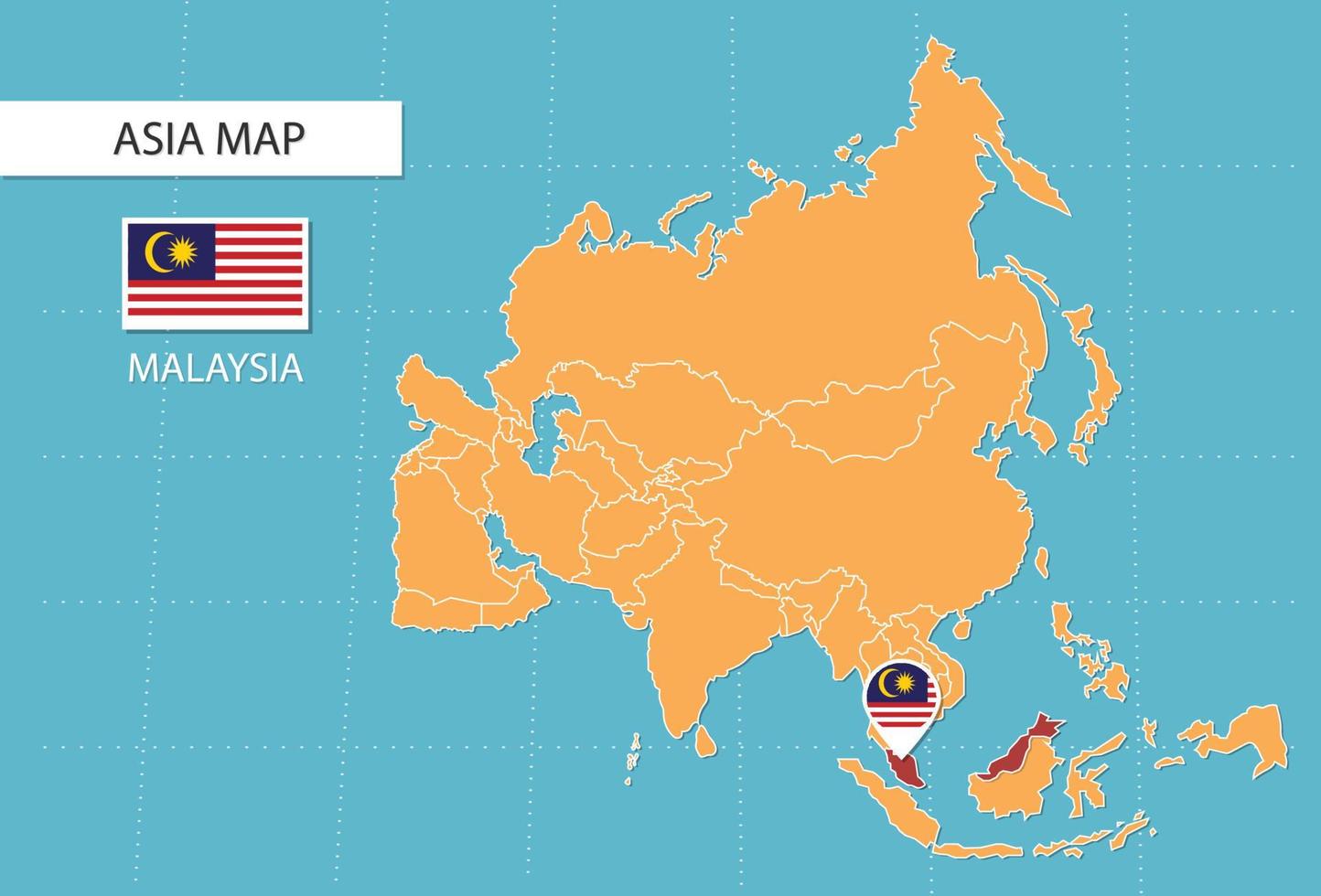 Malaysia map in Asia, icons showing Malaysia location and flags. vector