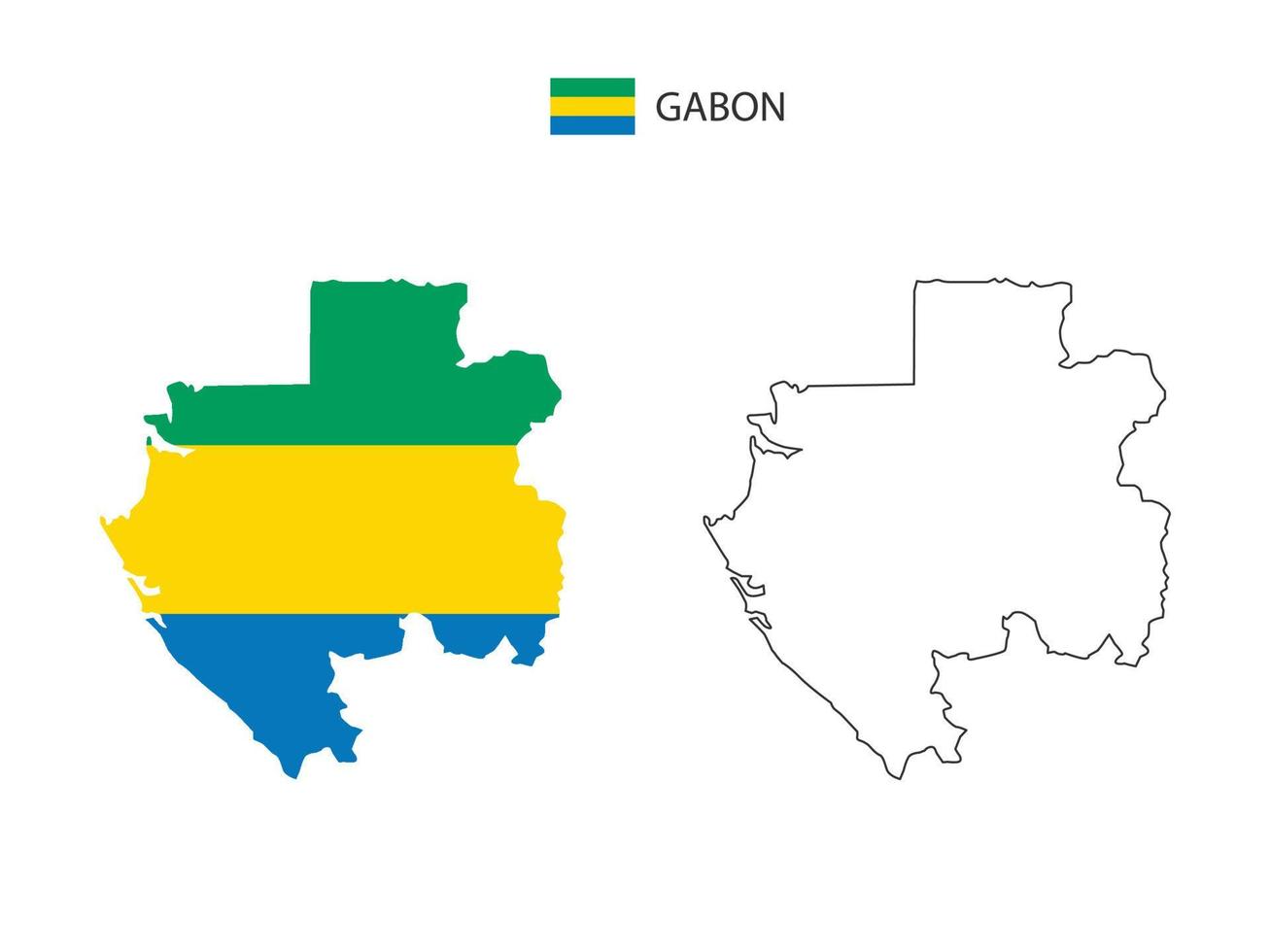 Gabon map city vector divided by outline simplicity style. Have 2 versions, black thin line version and color of country flag version. Both map were on the white background.