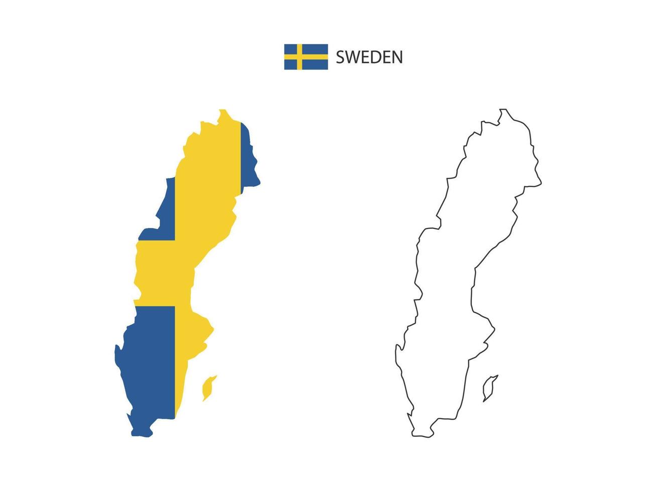 vector de ciudad de mapa de suecia dividido por estilo de simplicidad de contorno. tiene 2 versiones, versión de línea delgada negra y versión de color de bandera de país. ambos mapas estaban en el fondo blanco.