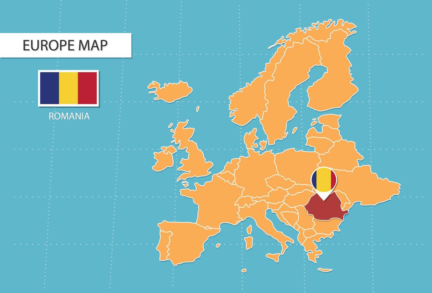 Romania map in Europe, icons showing Romania location and flags. vector